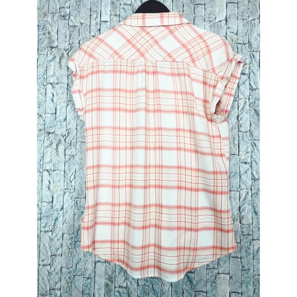 Beach Lunch Lounge Coral Plaid Button Blouse - Picture 2 of 4